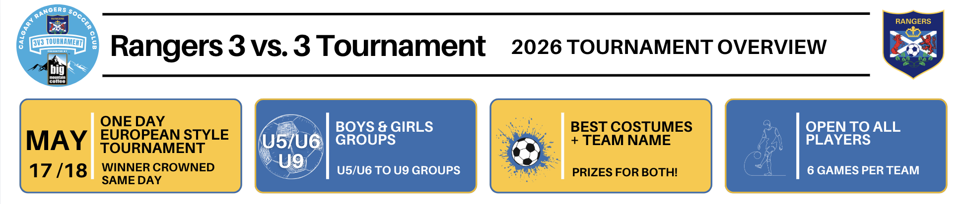 Calgary 3v3 soccer tournament banner presented by Big Mountain Coffee