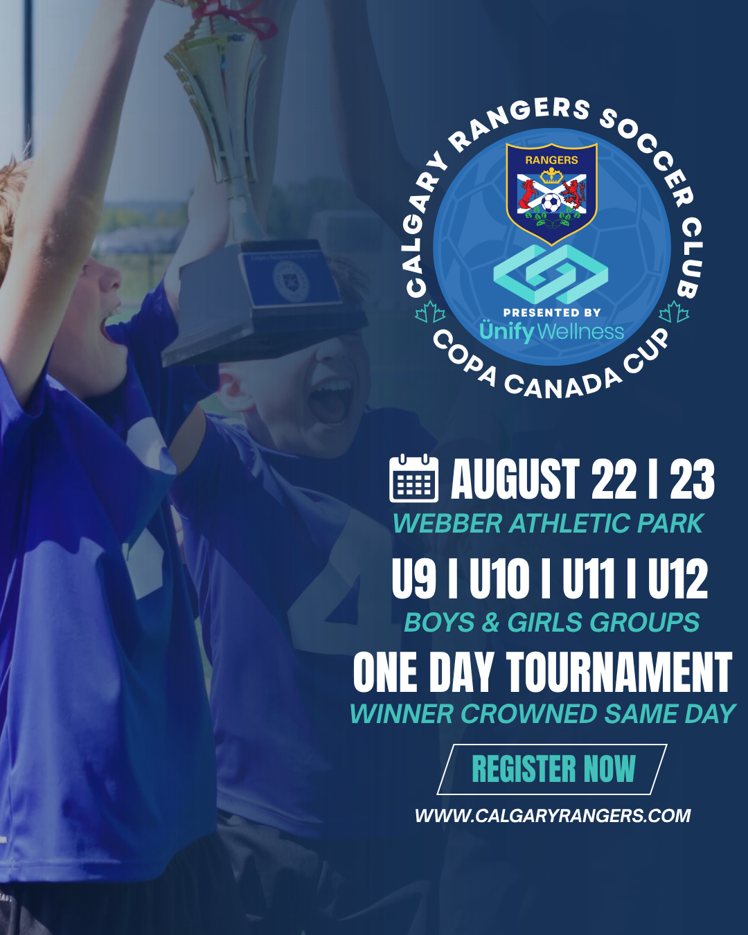 9v9 Copa Canada Cup Calgary Rangers soccer tournament August 17 and 18 presented by Ünify Wellness