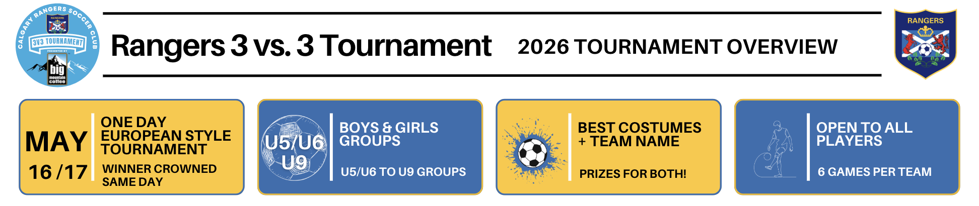 Calgary 3v3 soccer tournament banner presented by Big Mountain Coffee