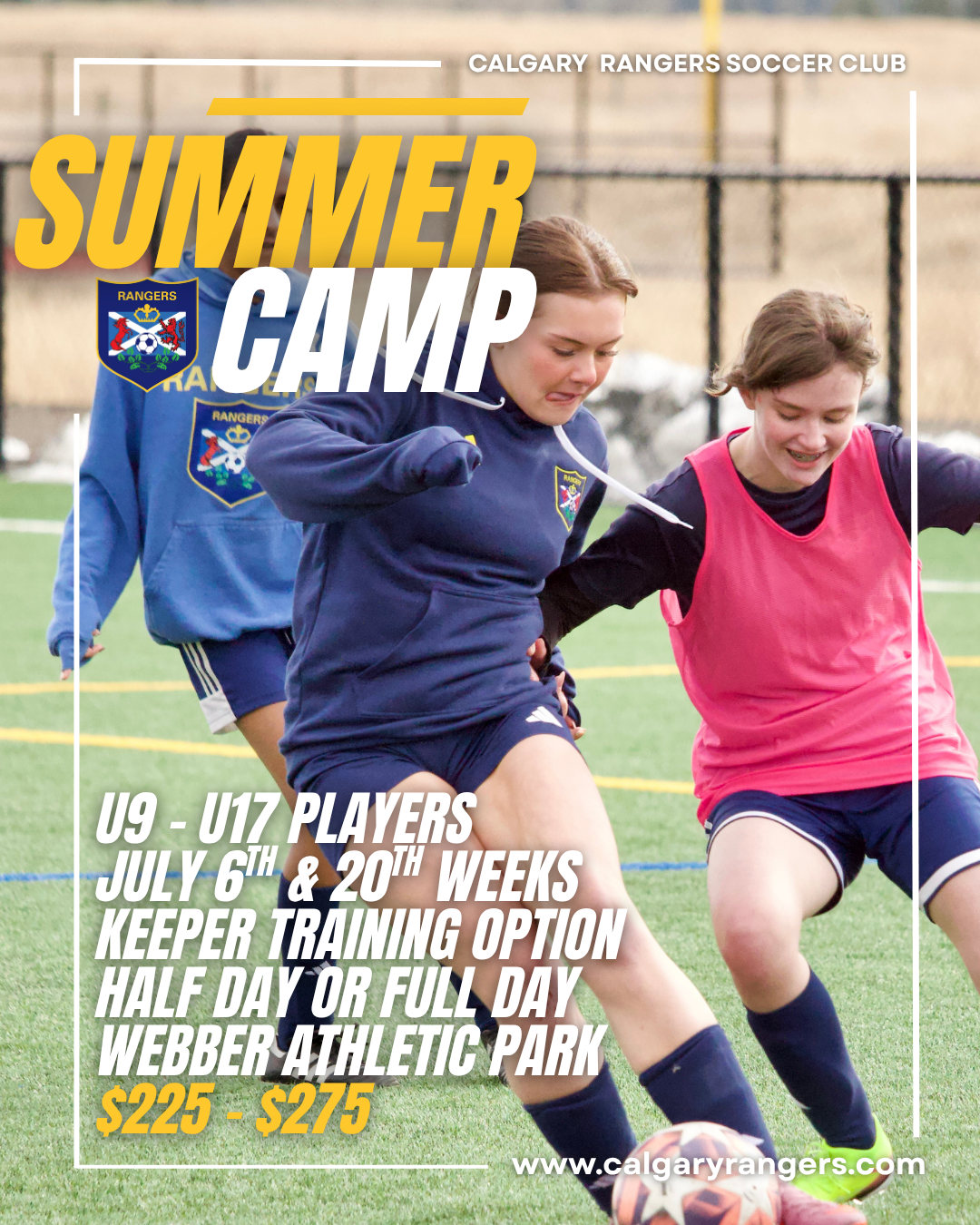 Calgary Rangers Summer Soccer Camp poster for U9 to U17 players in Calgary