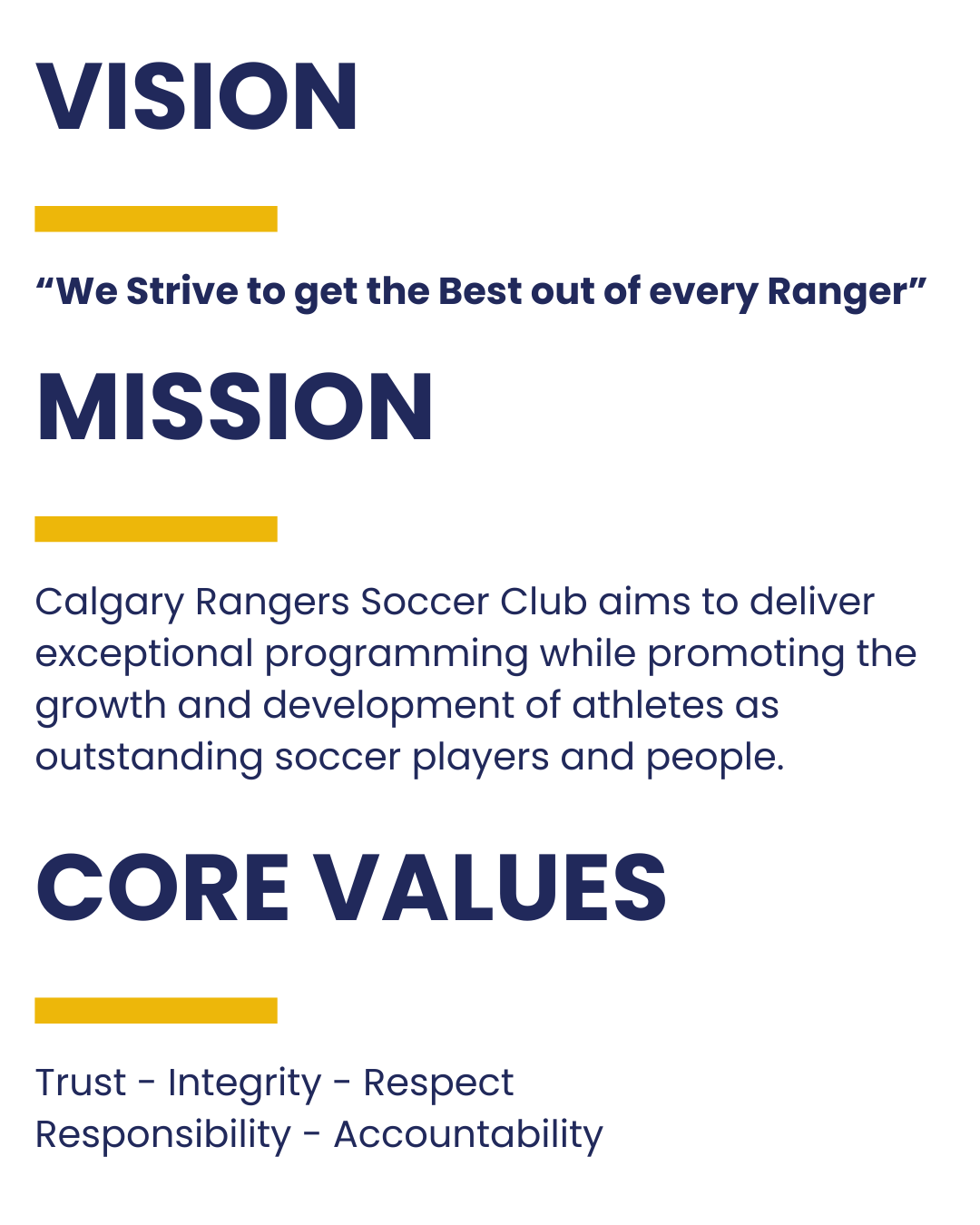 Calgary Rangers Soccer Club vision, mission and core values graphic promoting player development, trust, integrity and inclusion.