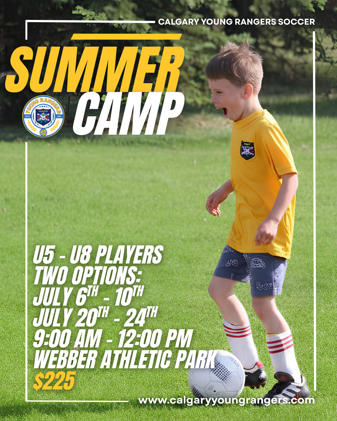Young Rangers Summer Soccer Camp poster for U5 to U8 players in Calgary