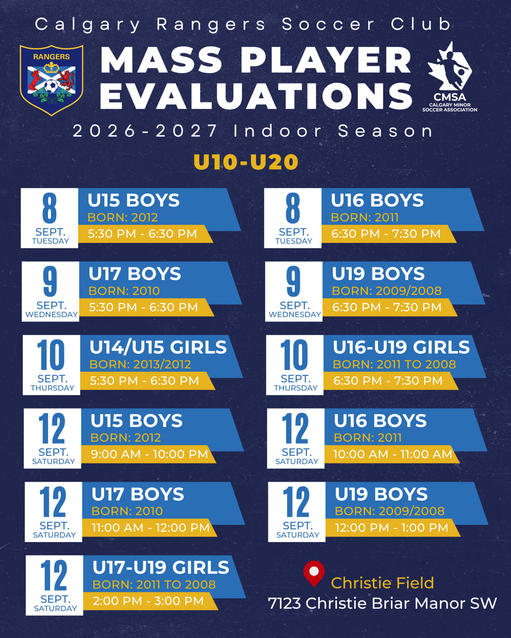 Calgary Rangers CMSA Indoor 2026-2027 soccer evaluations for U10 to U20 players in Calgary.