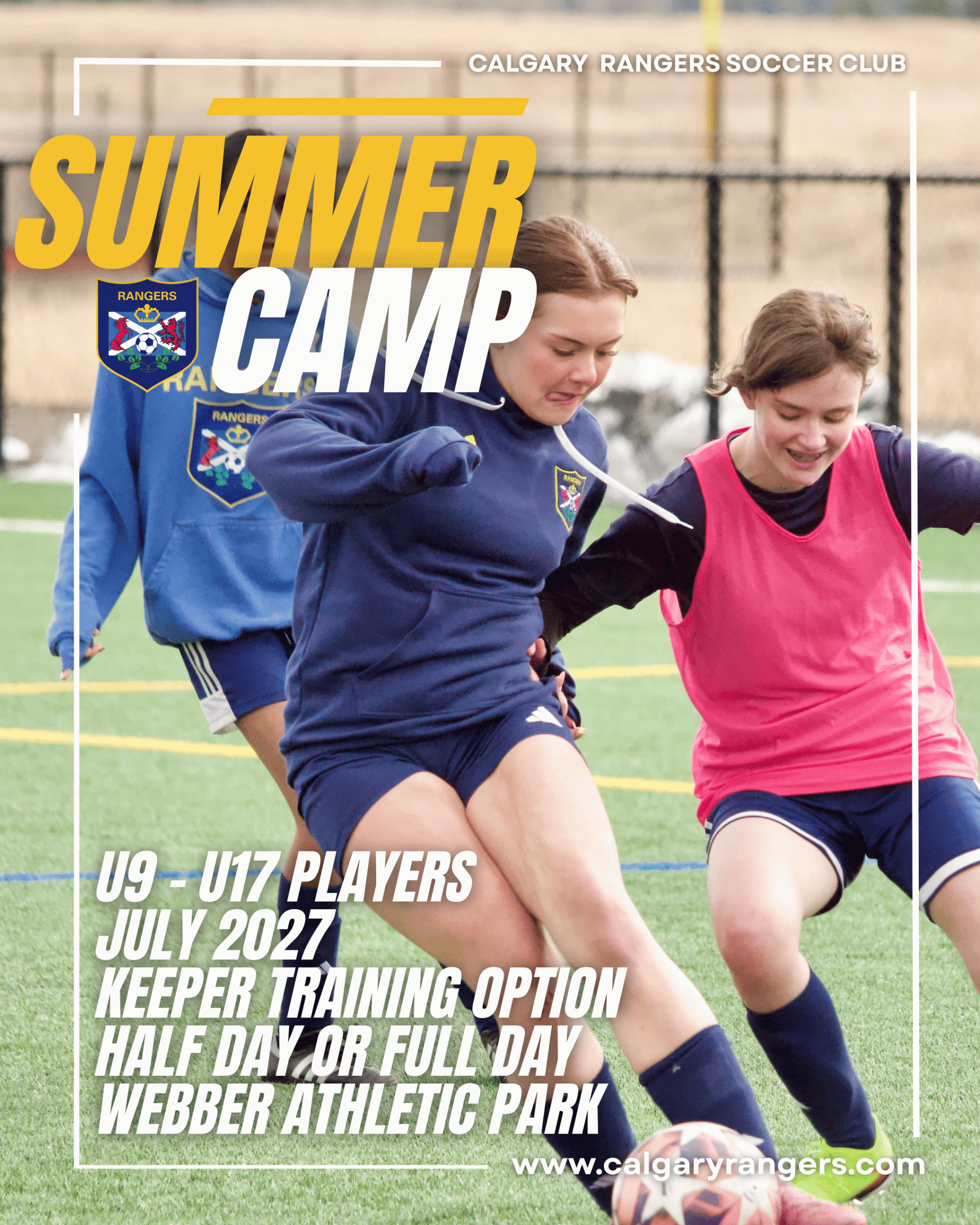 Calgary Rangers Summer Soccer Camp poster for U9 to U17 players in Calgary