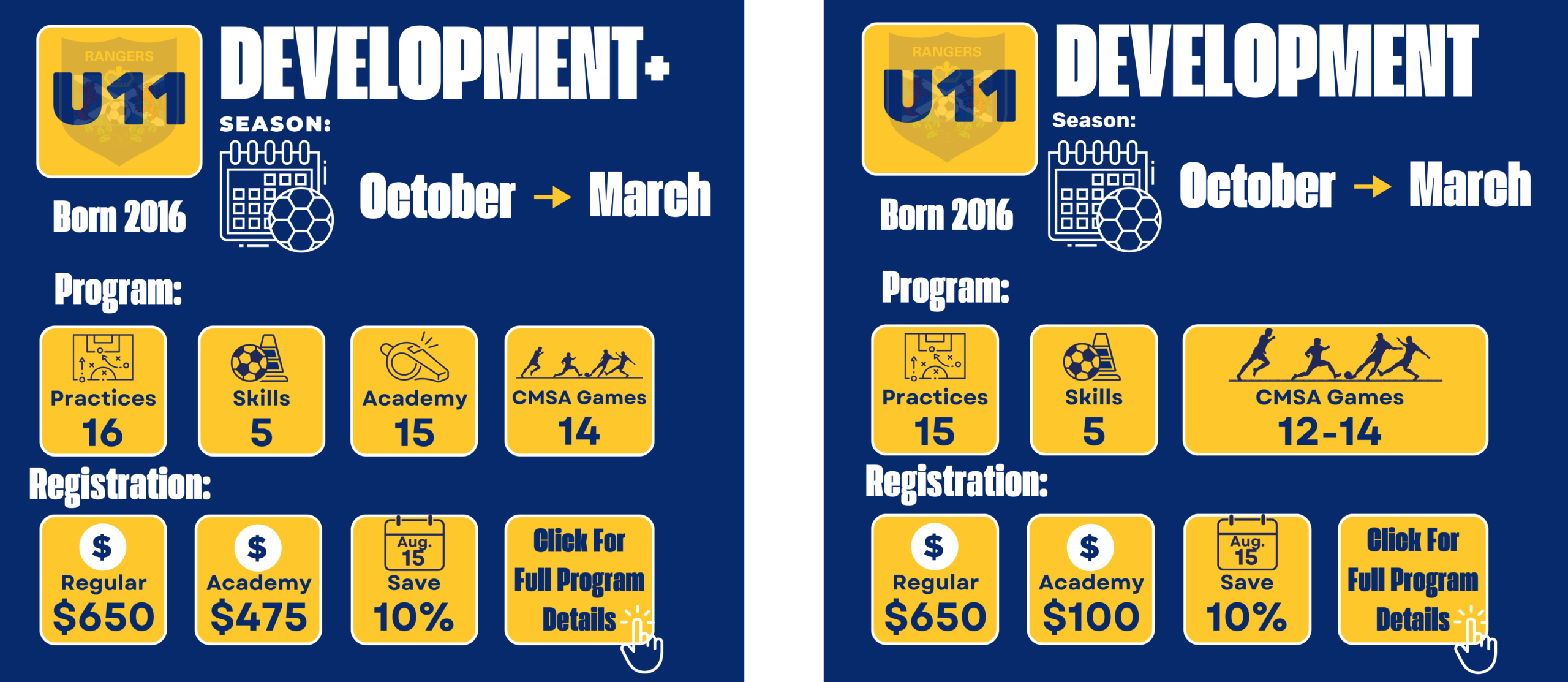 Calgary Rangers U11 CMSA indoor soccer registration information for players born in 2016, including fees, training sessions, games, and season details.