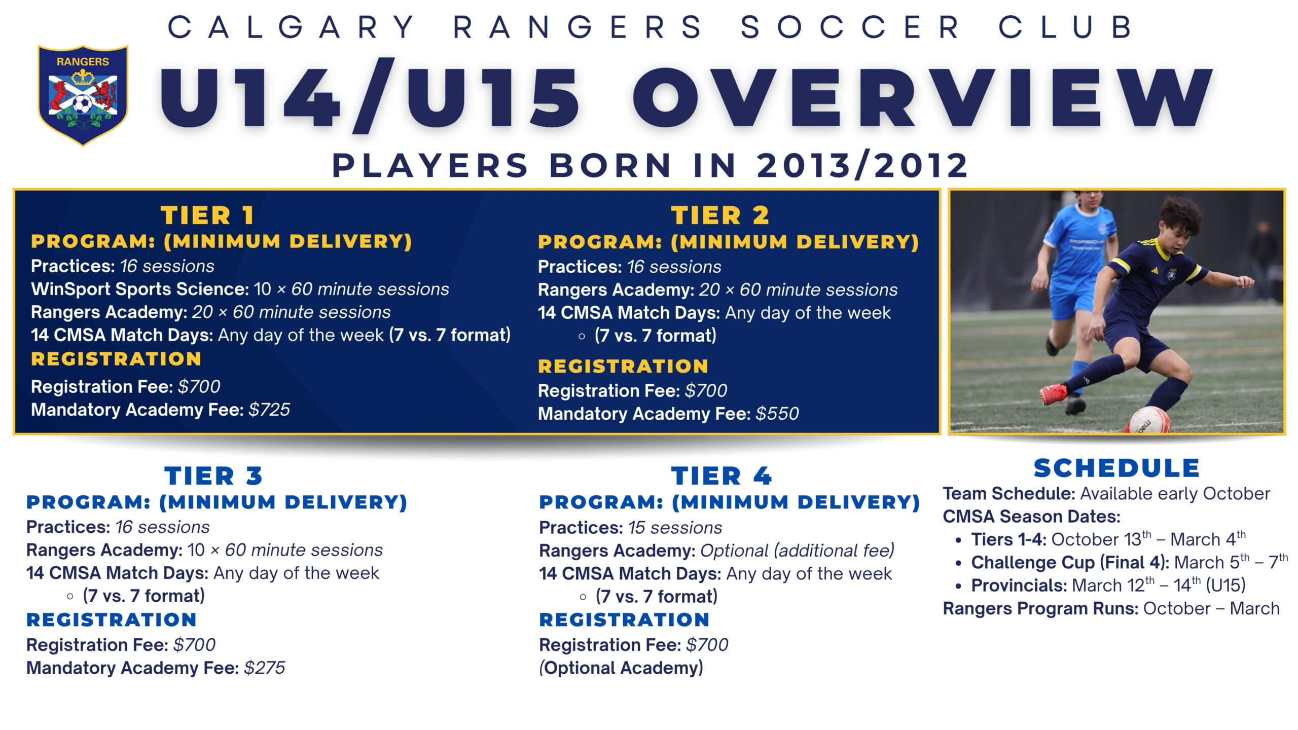 Calgary Rangers CMSA U14/U15 indoor soccer program details for players born in 2013 and 2012, including season dates, training schedule, registration information, and program details.