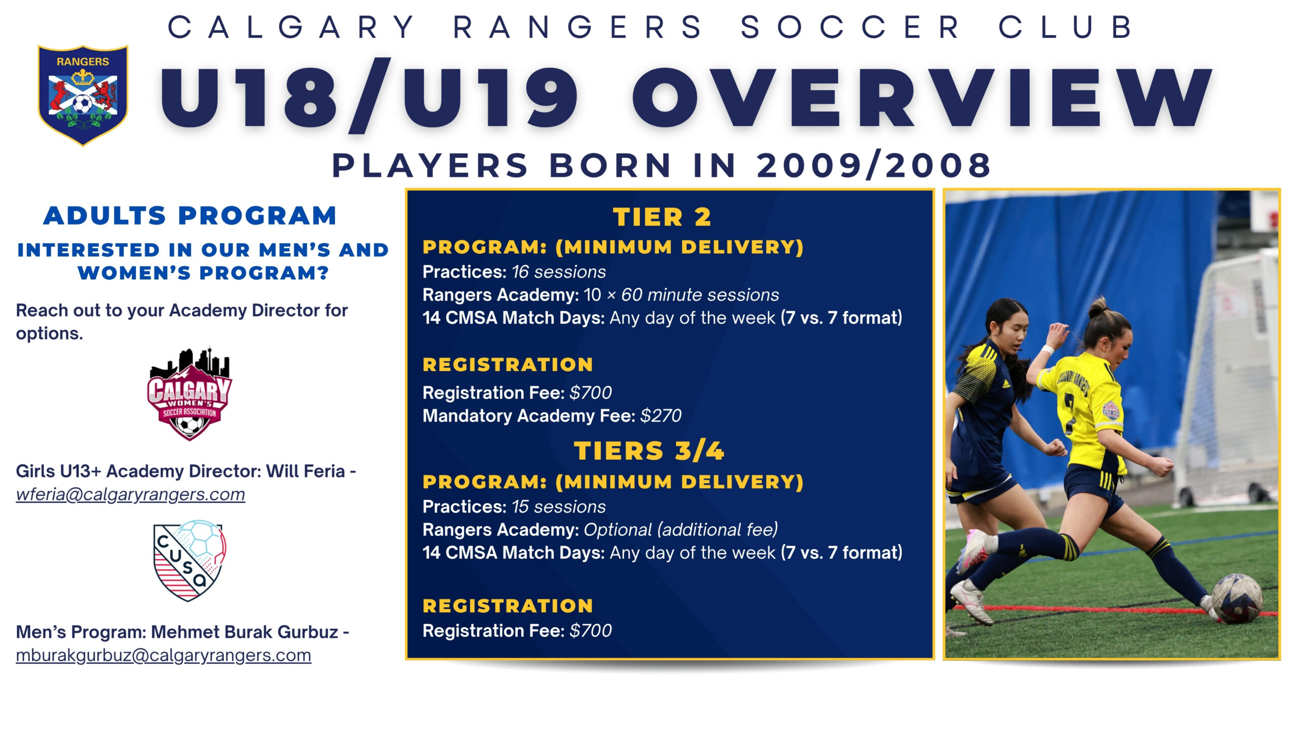 Calgary Rangers CMSA U18/U19 indoor soccer program details for players born in 2009 and 2008, including season dates, training schedule, league games, registration information, and program details.