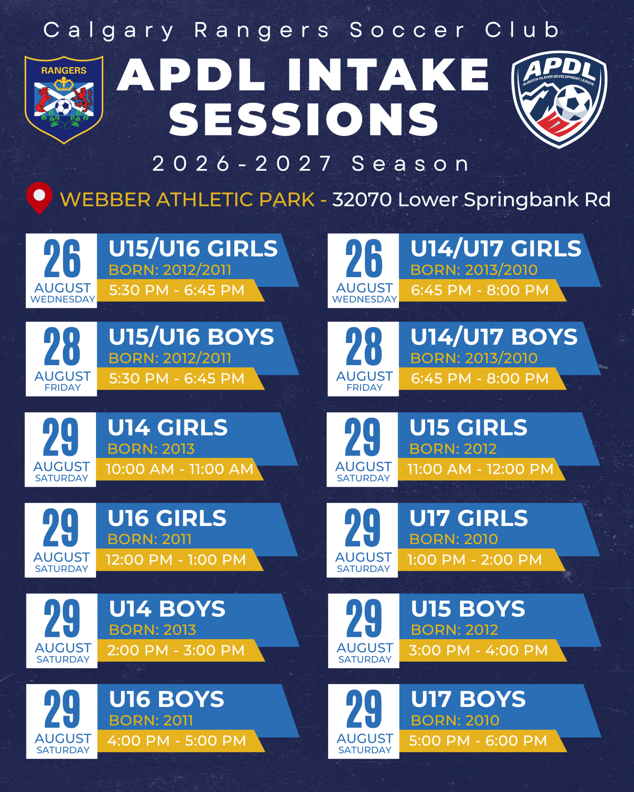 Calgary Rangers APDL intake sessions for the 2026-2027 season, featuring elite youth soccer player development opportunities in Calgary.