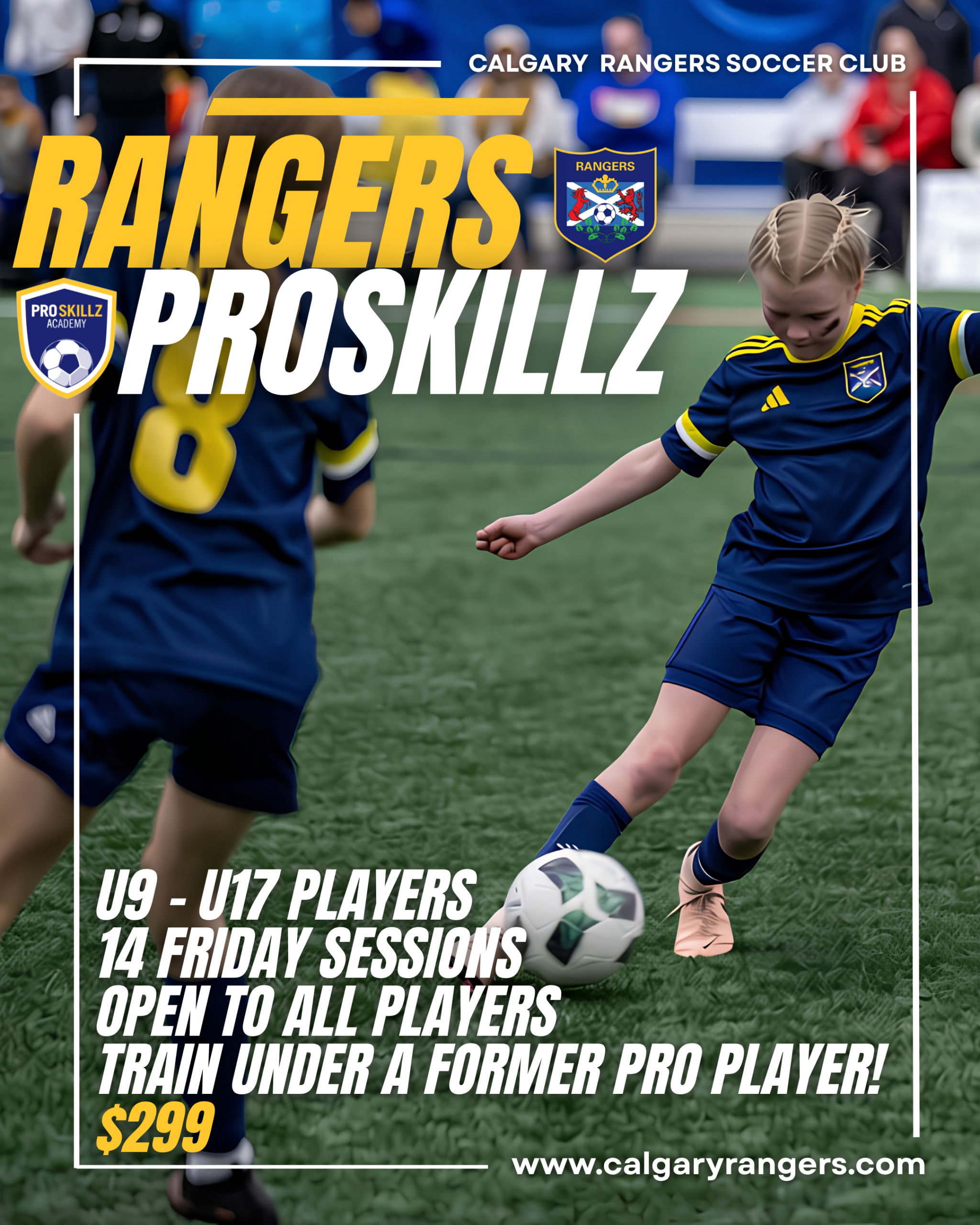 Calgary Rangers ProSkillz Academy indoor soccer skills training program for U9 to U17 players in Calgary led by former professional Siryl Fotso.